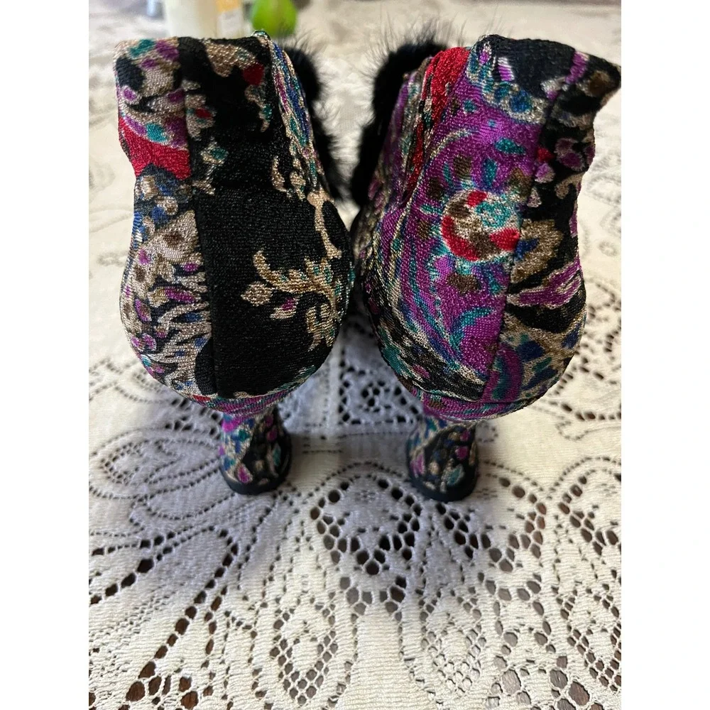 Baci Tapestry Ankle Boots Multi-Color Paisley Fur Pom Pom Leopard Print Heels